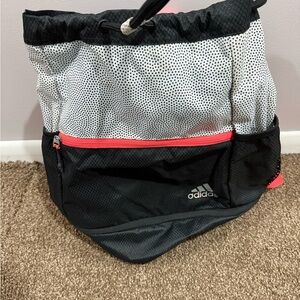 adidas Black White Drawstring Backpack with Coral Zip Accent